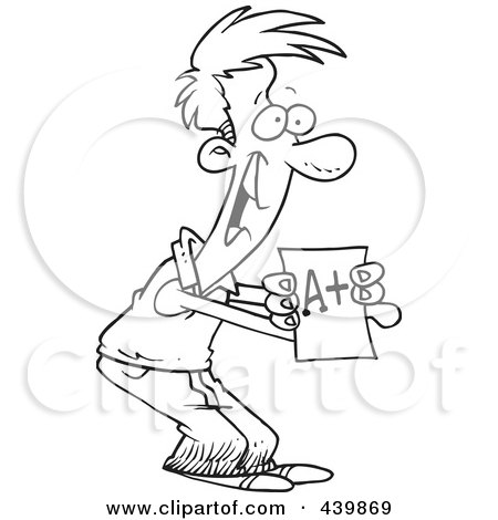 Royalty-Free (RF) Clip Art Illustration of a Cartoon Black And White Outline Design Of A Proud School Boy Holding His Graded Exam by toonaday