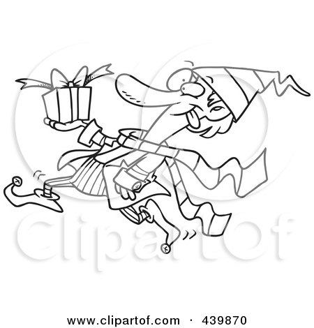 Royalty-Free (RF) Clip Art Illustration of a Cartoon Black And White Outline Design Of A Christmas Elf Running With A Gift by toonaday
