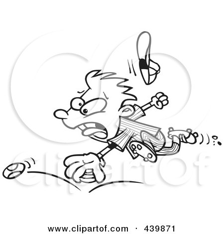Royalty-Free (RF) Clip Art Illustration of a Cartoon Black And White Outline Design Of A Boy Chasing An Elusive Baseball by toonaday