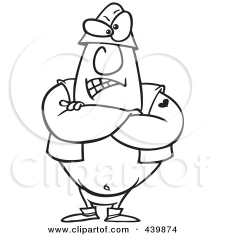 Royalty-Free (RF) Clip Art Illustration of a Cartoon Black And White Outline Design Of A Tough Executioner Standing With His Arms Folded by toonaday