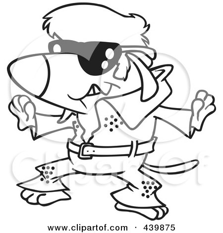 Royalty-Free (RF) Clip Art Illustration of a Cartoon Black And White Outline Design Of An Elvis Impersonator Dog Dancing by toonaday