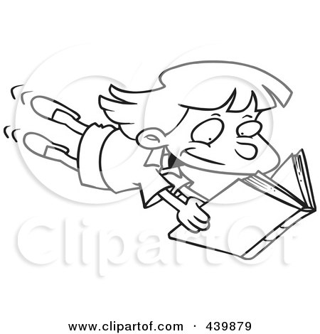 Royalty-Free (RF) Clip Art Illustration of a Cartoon Black And White Outline Design Of An Enthralled Girl Reading A Book by toonaday