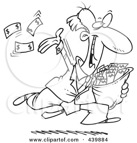 Royalty-Free (RF) Clip Art Illustration of a Cartoon Black And White Outline Design Of A Charitable Rich Businessman Throwing Money by toonaday