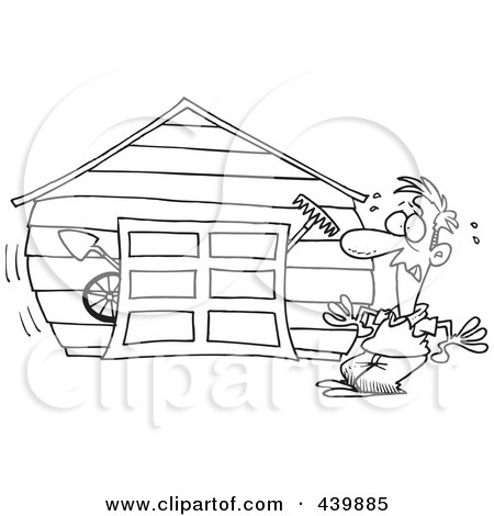 Royalty-Free (RF) Clip Art Illustration of a Cartoon Black And White Outline Design Of A Man With An Overflowing Garage by toonaday