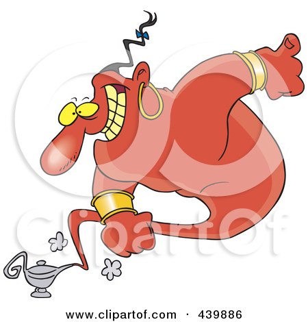 Royalty-Free (RF) Clip Art Illustration of a Cartoon Male Genie Emerging From A Lamp by toonaday