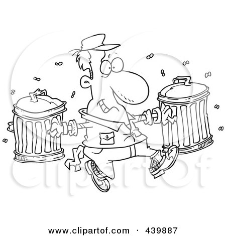 Royalty-Free (RF) Clip Art Illustration of a Cartoon Black And White Outline Design Of A Happy Garbage Man Carrying Trash Cans by toonaday