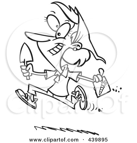 Royalty-Free (RF) Clip Art Illustration of a Cartoon Black And White Outline Design Of A Woman Running With Carrot Seeds by toonaday