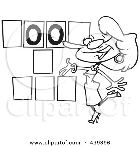 Royalty-Free (RF) Clip Art Illustration of a Cartoon Black And White Outline Design Of A Game Show Hostess Presenting Blank Spaces by toonaday