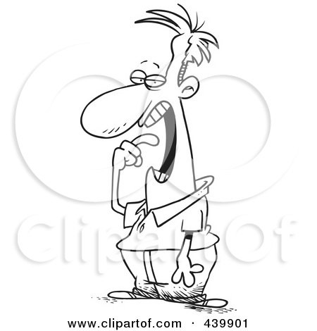 Royalty-Free (RF) Clip Art Illustration of a Cartoon Black And White Outline Design Of A Man Gagging Himself by toonaday
