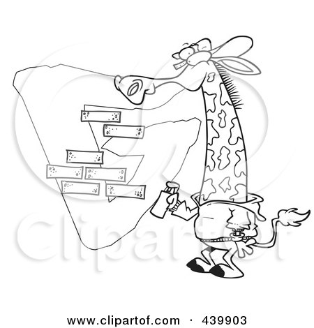 Royalty-Free (RF) Clip Art Illustration of a Cartoon Black And White Outline Design Of A Giraffe Spray Painting A G On A Wall by toonaday