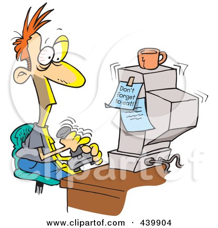Royalty-Free (RF) Clip Art Illustration of a Cartoon Addicted Man Playing Games On A Computer by toonaday