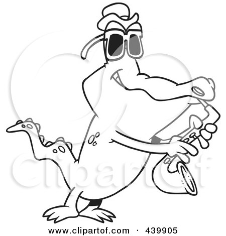 Royalty-Free (RF) Clip Art Illustration of a Cartoon Black And White Outline Design Of A Gator Playing The Blues by toonaday
