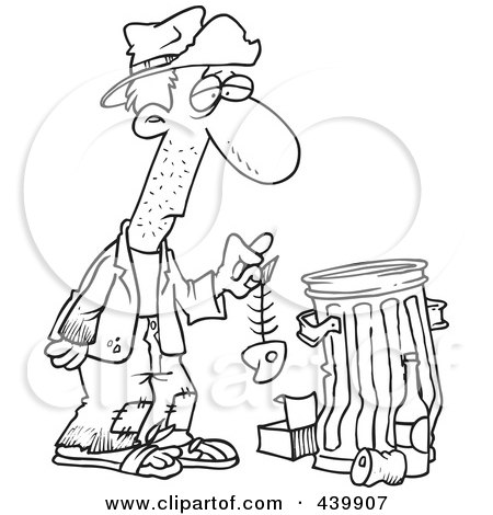 Royalty-Free (RF) Clip Art Illustration of a Cartoon Black And White Outline Design Of A Hungry Homeless Man Holding A Fish Bone By A Trash Can by toonaday