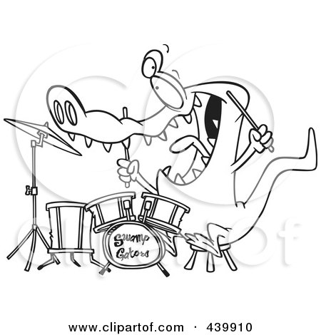 Royalty-Free (RF) Clip Art Illustration of a Cartoon Black And White Outline Design Of A Drummer Gator by toonaday