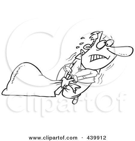 Royalty-Free (RF) Clip Art Illustration of a Cartoon Black And White Outline Design Of A Man Pulling A Heavy Trash Bag by toonaday