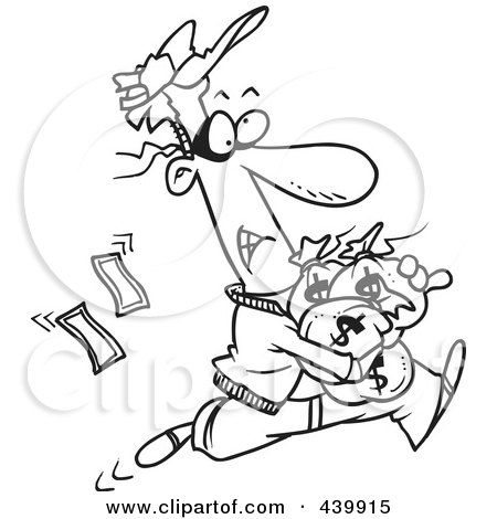 Royalty-Free (RF) Clip Art Illustration of a Cartoon Black And White Outline Design Of A Robber Getting Away With Bags Of Cash by toonaday