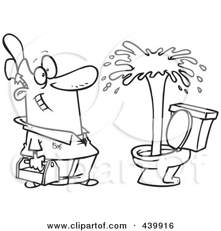 Royalty-Free (RF) Clip Art Illustration of a Cartoon Black And White Outline Design Of A Plumber Admiring A Geyser In A Toilet by toonaday
