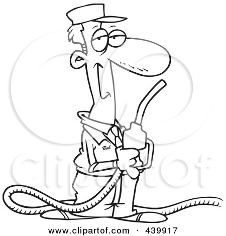 Royalty-Free (RF) Clip Art Illustration of a Cartoon Black And White Outline Design Of A Gas Station Attendant Holding A Nozzle by toonaday