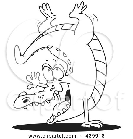 Royalty-Free (RF) Clip Art Illustration of a Cartoon Black And White Outline Design Of A Gator Doing A Hand Stand by toonaday
