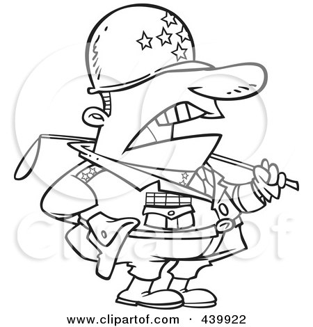 Royalty-Free (RF) Clip Art Illustration of a Cartoon Black And White Outline Design Of A Tough Military General by toonaday