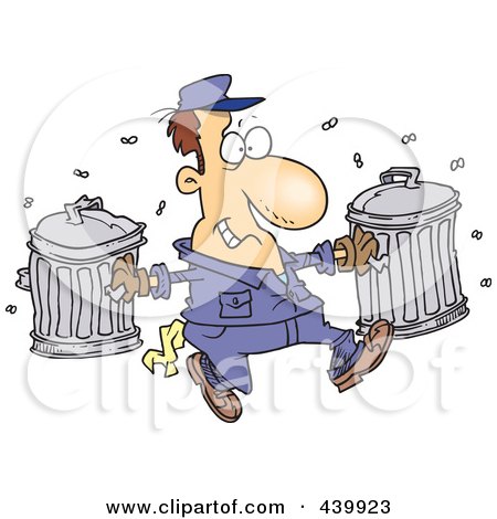 Royalty-Free (RF) Clip Art Illustration of a Cartoon Happy Garbage Man Carrying Trash Cans by toonaday