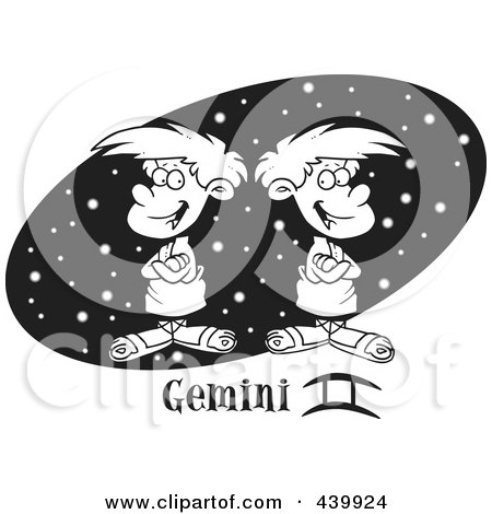 Royalty-Free (RF) Clip Art Illustration of a Cartoon Black And White Outline Design Of Twin Geminis Over A Black Starry Oval by toonaday
