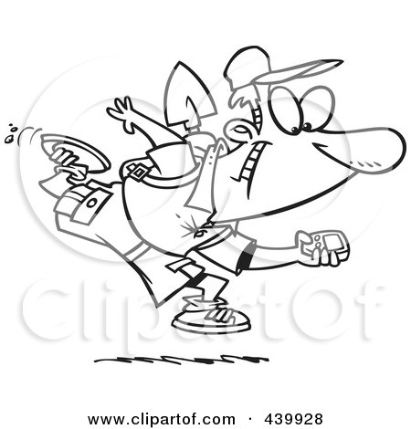 Royalty-Free (RF) Clip Art Illustration of a Cartoon Black And White Outline Design Of A Man Geocaching With A GPS Device by toonaday