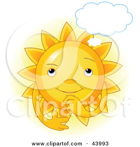 Clipart Illustration of a Glowing Sun Character In Thought With A Cloud Above Its Head by Pushkin