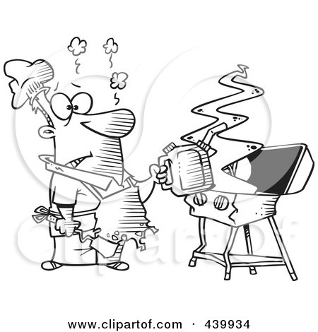 Royalty-Free (RF) Clip Art Illustration of a Cartoon Black And White Outline Design Of A Man Using A Gas Can To Ignite His Bbq by toonaday