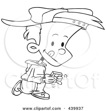 Royalty-Free (RF) Clip Art Illustration of a Cartoon Black And White Outline Design Of A Boy Walking And Playing A Video Game by toonaday