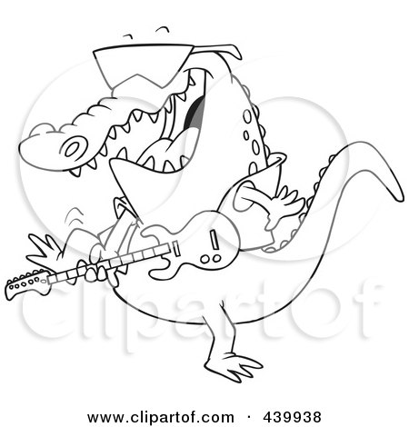 Royalty-Free (RF) Clip Art Illustration of a Cartoon Black And White Outline Design Of A Gator Guitarist by toonaday