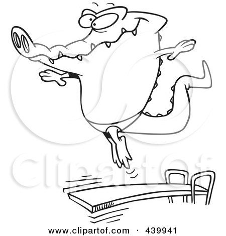 Royalty-Free (RF) Clip Art Illustration of a Cartoon Black And White Outline Design Of A Gator Bouncing Off A Diving Board by toonaday