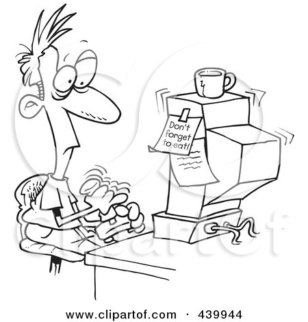 Royalty-Free (RF) Clip Art Illustration of a Cartoon Black And White Outline Design Of An Addicted Man Playing Games On A Computer by toonaday