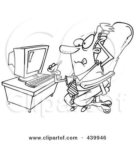 Royalty-Free (RF) Clip Art Illustration of a Cartoon Black And White Outline Design Of A Stressed Businessman With A Computer Problem by toonaday