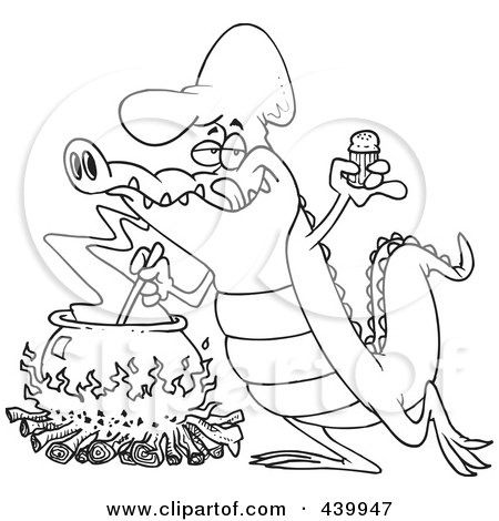 Royalty-Free (RF) Clip Art Illustration of a Cartoon Black And White Outline Design Of A Gator Making Soup by toonaday