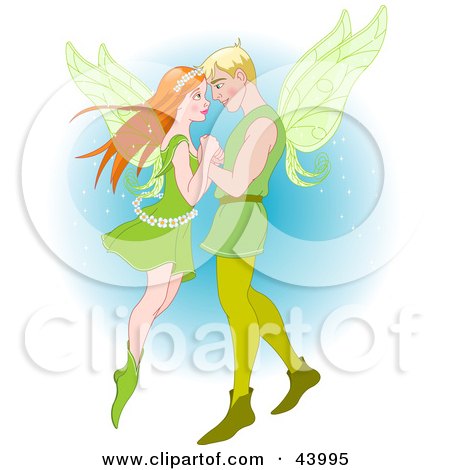 Clipart Illustration of a Romantic Fairy Couple Gazing Into Each Others Eyes And Flying by Pushkin
