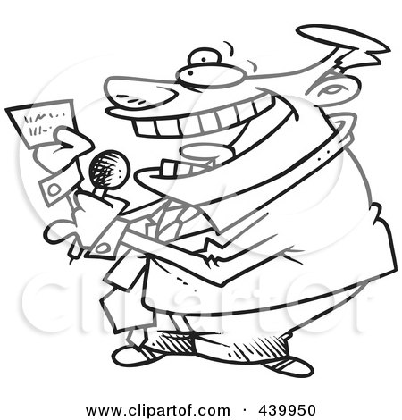 Royalty-Free (RF) Clip Art Illustration of a Cartoon Black And White Outline Design Of A Game Show Host Reading A Card by toonaday