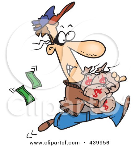 Royalty-Free (RF) Clip Art Illustration of a Cartoon Robber Getting Away With Bags Of Cash by toonaday