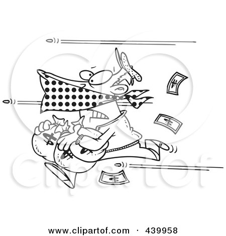 Royalty-Free (RF) Clip Art Illustration of a Cartoon Black And White Outline Design Of Bullets Shooting At A Robber by toonaday