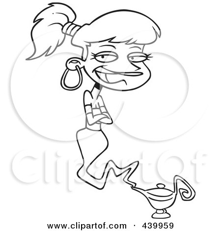 Royalty-Free (RF) Clip Art Illustration of a Cartoon Black And White Outline Design Of A Female Genie Emerging From A Lamp by toonaday