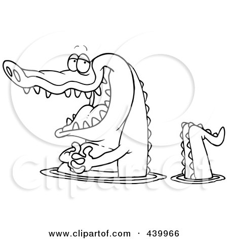 Royalty-Free (RF) Clip Art Illustration of a Cartoon Black And White Outline Design Of A Happy Gator Wading In Water by toonaday