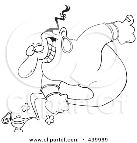 Royalty-Free (RF) Clip Art Illustration of a Cartoon Black And White Outline Design Of A Male Genie Emerging From A Lamp by toonaday