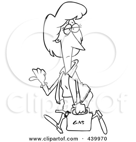 Royalty-Free (RF) Clip Art Illustration of a Cartoon Black And White Outline Design Of A Lady Hitch Hiking With A Gas Can by toonaday