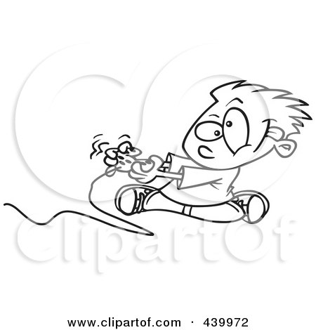 Royalty-Free (RF) Clip Art Illustration of a Cartoon Black And White Outline Design Of A Boy Playing A Video Game With A Controller by toonaday