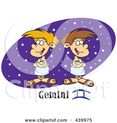 Royalty-Free (RF) Clip Art Illustration of Cartoon Twin Geminis Over A Black Starry Oval by toonaday