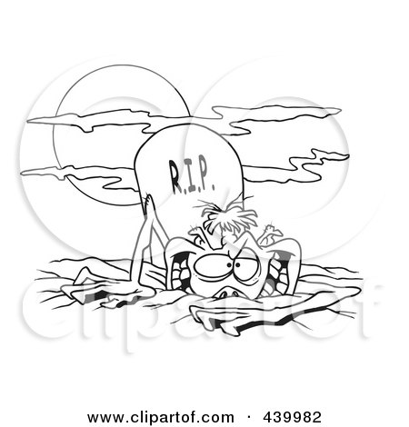 Royalty-Free (RF) Clip Art Illustration of a Cartoon Black And White Outline Design Of A Zombie Rising From The Grave by toonaday