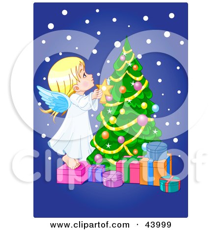 Clipart Illustration of a Cute Angle Putting A Star On A Christmas Tree by Pushkin