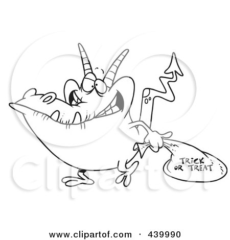 Royalty-Free (RF) Clip Art Illustration of a Cartoon Black And White Outline Design Of A Monster Trick Or Treating by toonaday
