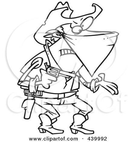 Royalty-Free (RF) Clip Art Illustration of a Cartoon Black And White Outline Design Of An Outlaw Cowboy Demanding by toonaday