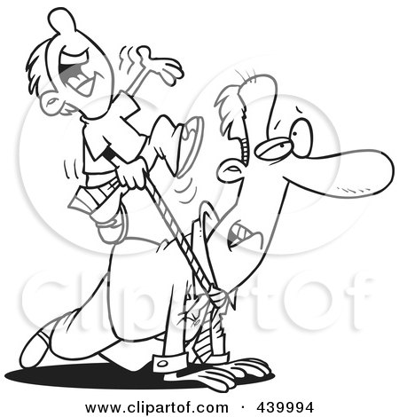 Royalty-Free (RF) Clip Art Illustration of a Cartoon Black And White Outline Design Of A Boy Riding On His Dad's Back by toonaday